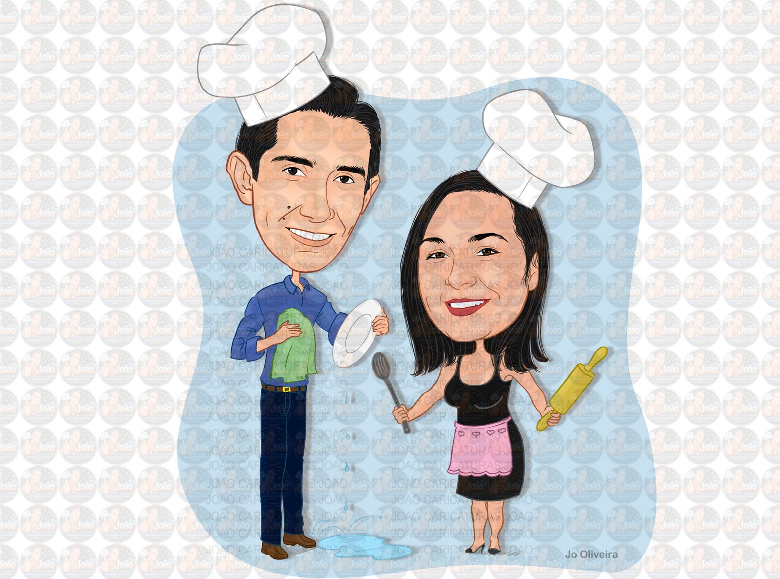 Caricaturas convite festa chá de panela casal dentro da panela comemorando