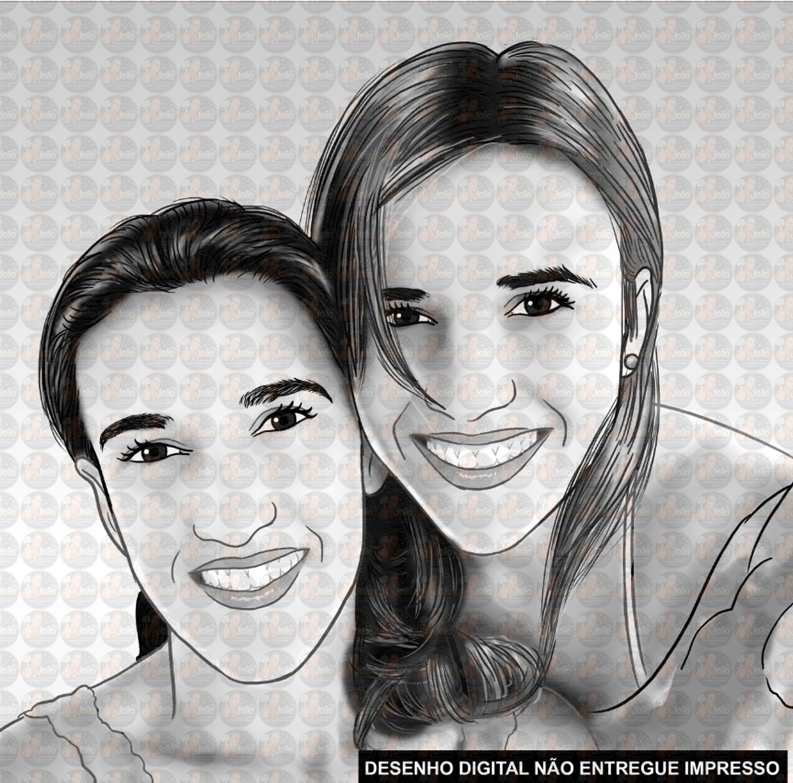 Caricatura desenho de casal meio tom de cinza, namorados, marido esposa,lembrança da pessoa.Mãe,filha, família