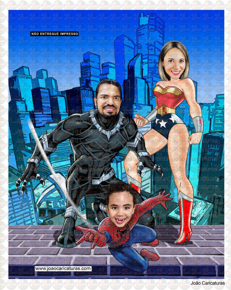 Caricatura digital super família, super heróis, menino aranha, mulher maravilha e pantera negra,