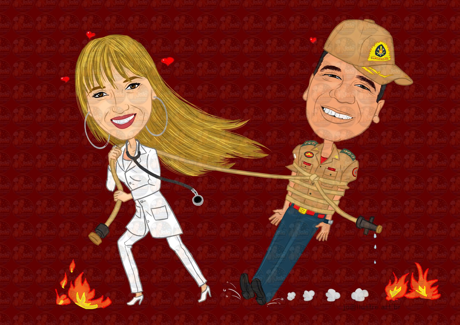 Caricaturas casamento, caricatura noiva abraçada com noivo bombeiro, puxando pela mangueira, noivo amarrado