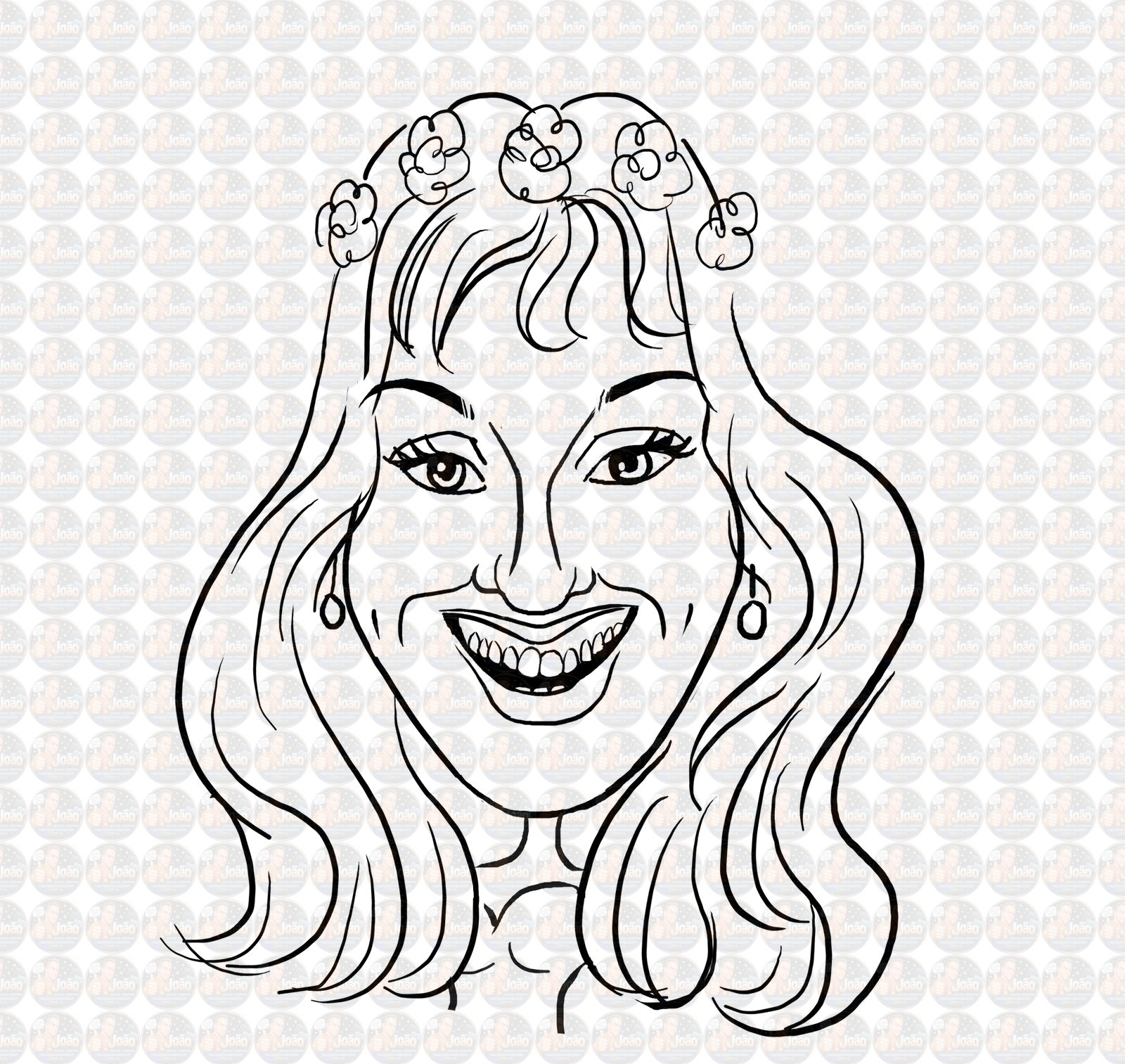 Desenho de caricaturas de rosto sem cor, caricatas, com distorção, com aumentos, engraçadas, cômicas, divertidas, desenhada a mão, aniversário, sorrisão, bocão, narizão, orelhão, narigão, namorada