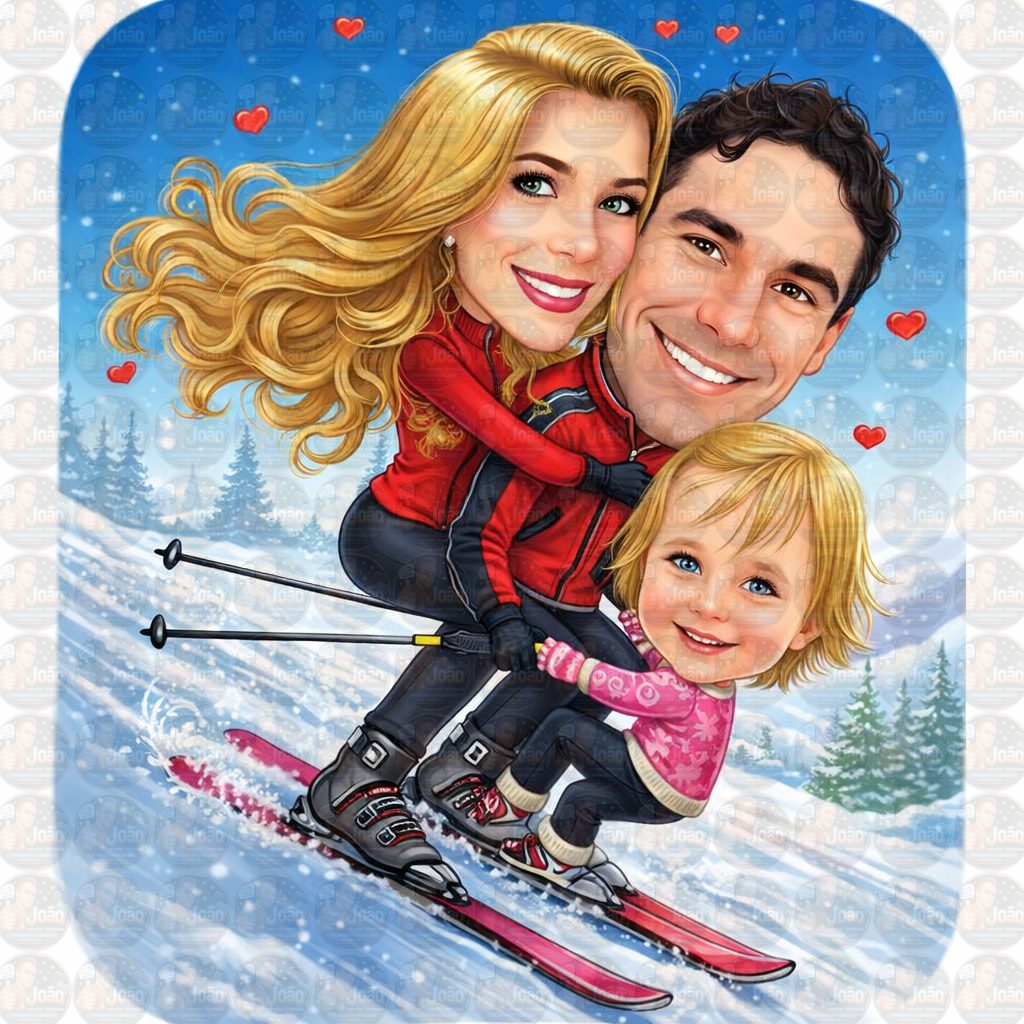 Caricatura Digital de Família na Neve – Férias Esquiando Personalizada