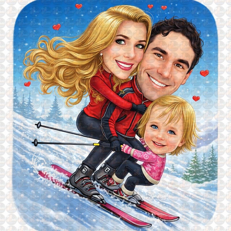 Caricatura Digital de Família na Neve – Férias Esquiando Personalizada