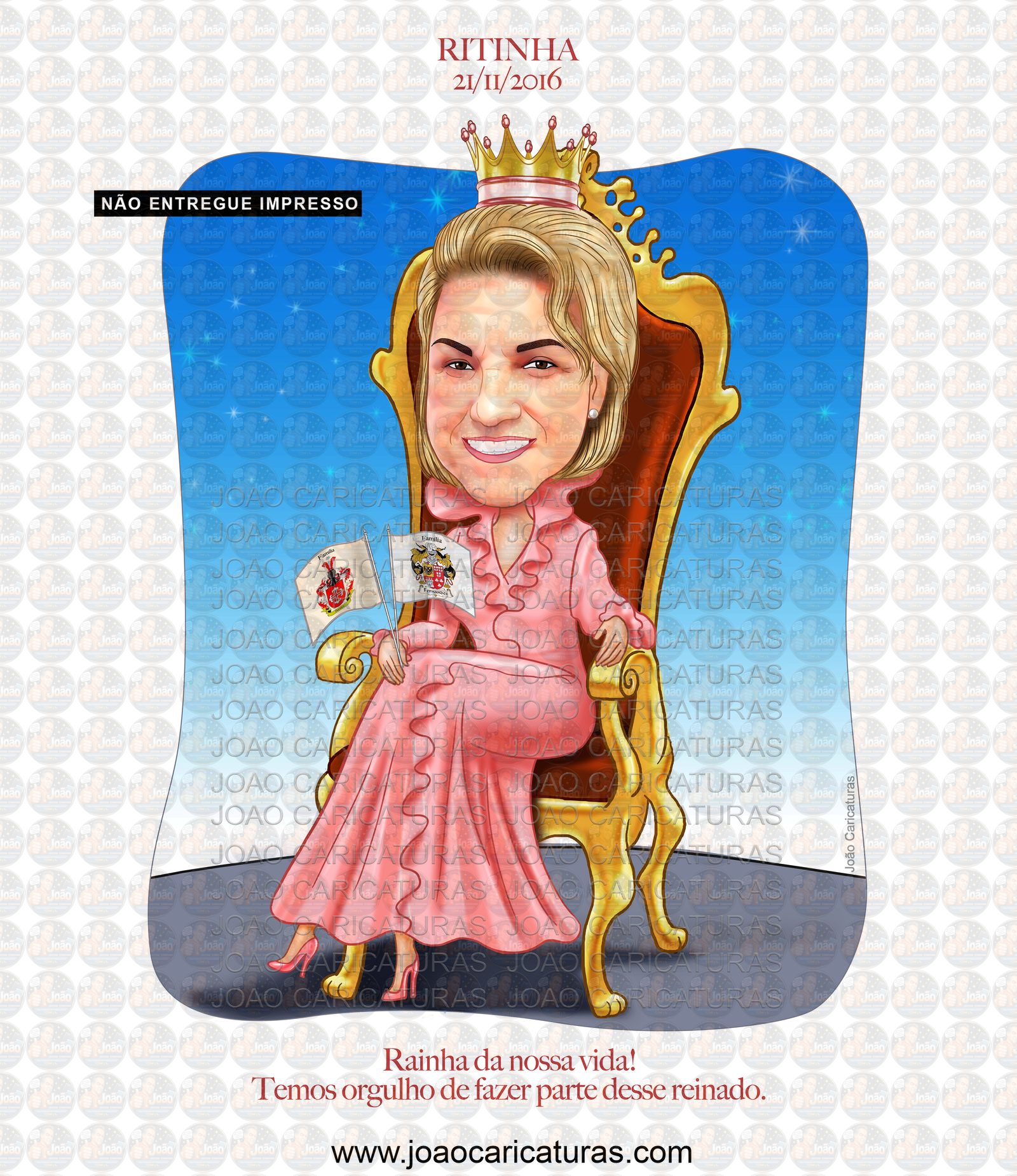 Caricatura, desenho avó, mãe, matriarca, senhora, sra, vovó, netos, filhos, rainha, coroada, trono, centenária, poderosa, sentada, família, realeza, poderosa, fiel, caprichada, idêntica, igual a foto