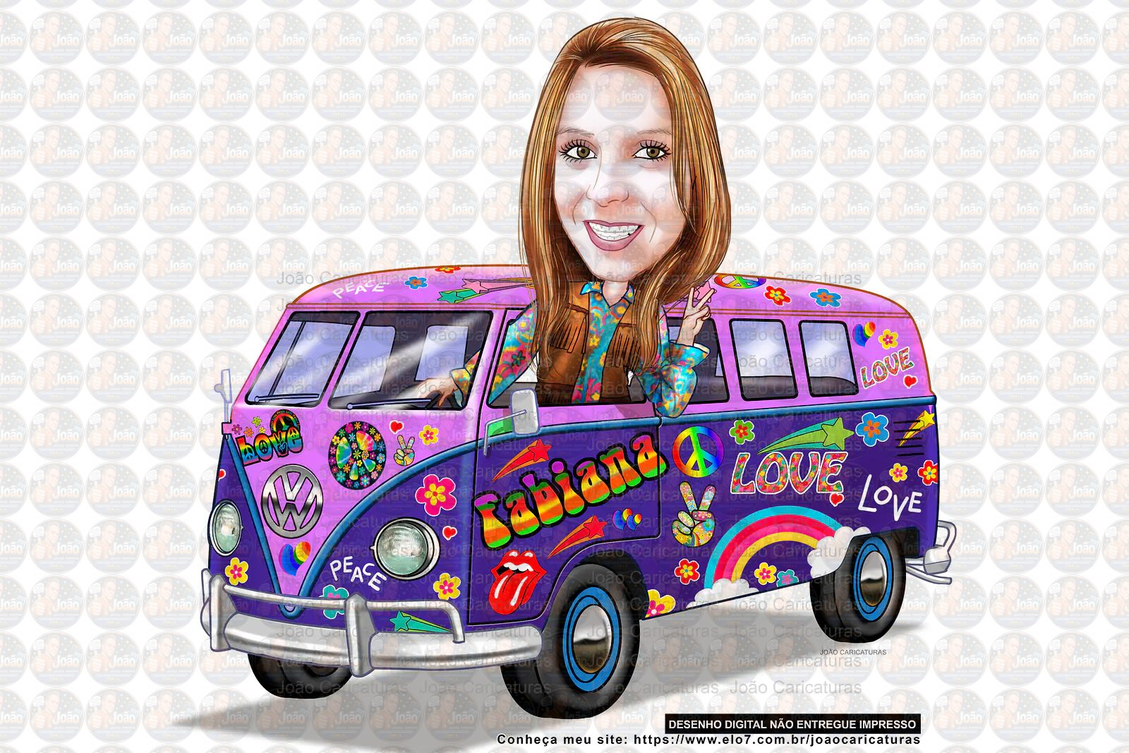 Caricatura aniversário mulher mãe, tia, irmã senhora, dirigindo kombi, hippie, 1960 e 1970, paz e amor, psicodélico, antiga, perua