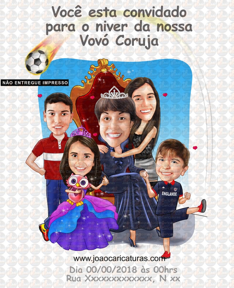 Caricatura, desenho avó, vovó, netos, filhos, rainha, coroada, trono, centenária, sentada, família, realeza, poderosa, fiel, caprichada, idêntica, igual a foto