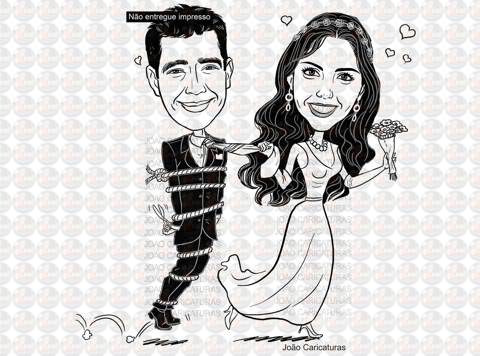 Caricatura casal traço sem cor corel casamento, noivo, noiva, vetor, vetorial, 1 cor, brindando, divertida, puxando pela corda, acorrentado, abraçado marido esposa
