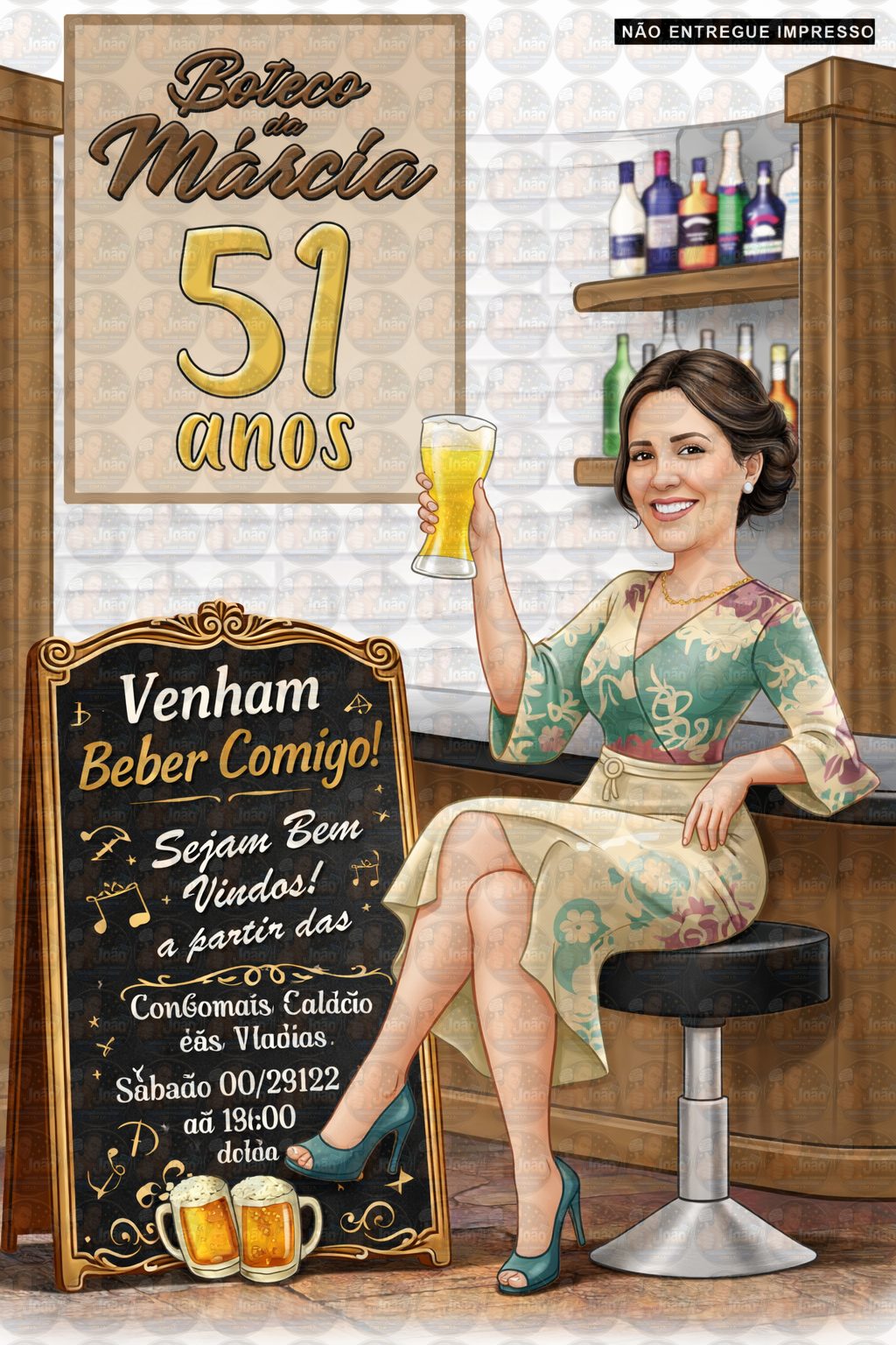 Caricatura convite aniversário boteco, mulher, homem, mãe, esposa, barzinho, festa, comemoração, arte decorativa, requintada, ambiente fino, convite, brindando, convidando ,40, 45, 50, 55, 60 anos