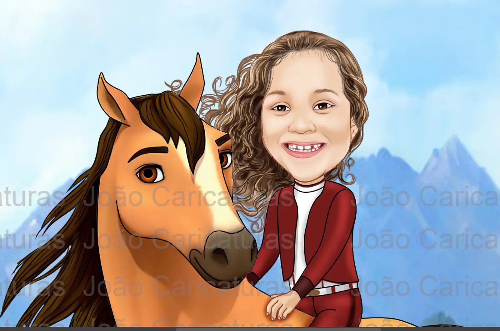 Caricatura do desenho animado Lucky e Spirit ou mesmo menino no cavalo comum personalizada com a sua foto menina ou menino cavalgando cavalo aniversário decoração para banner + 1m