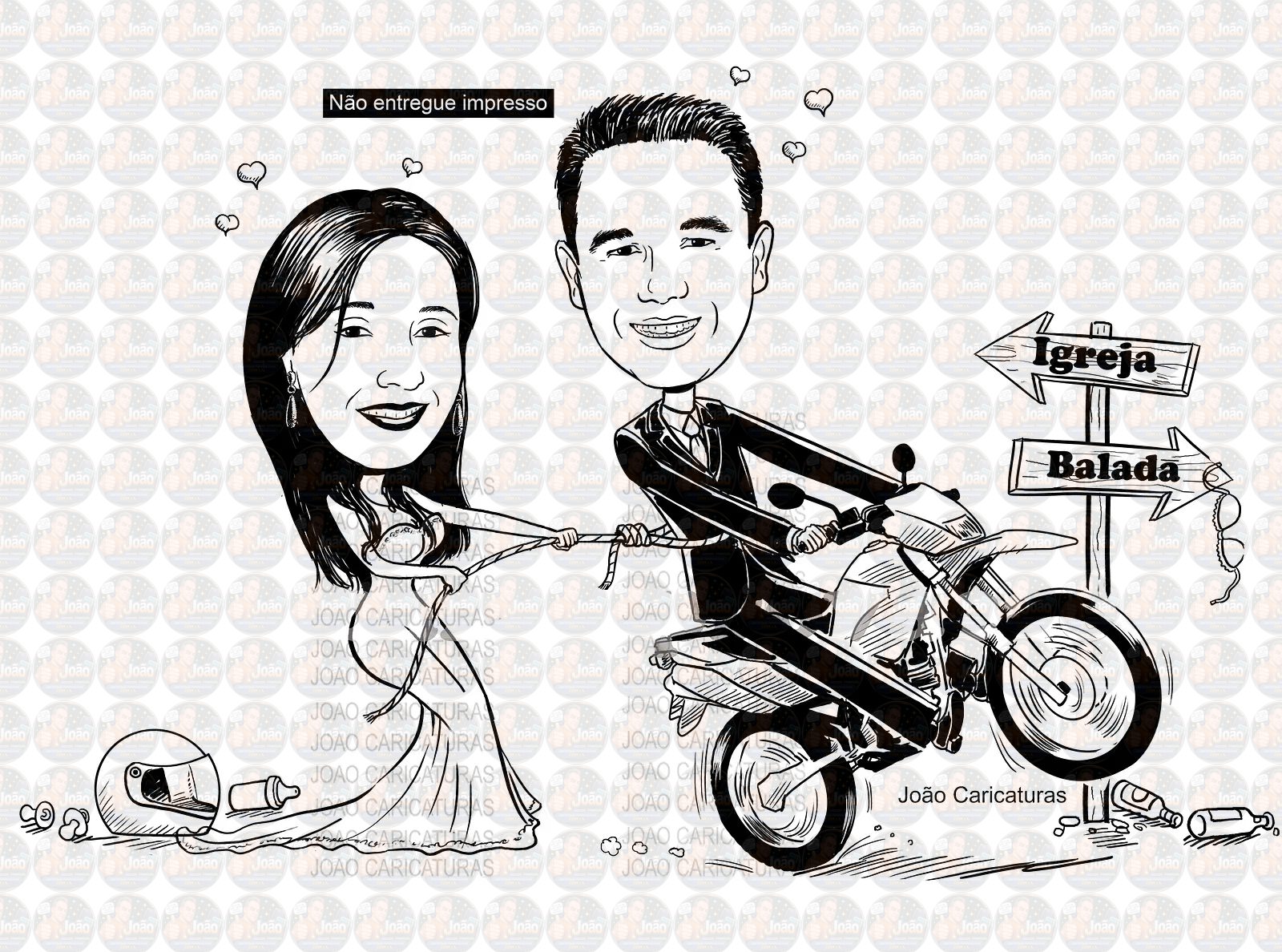 Caricatura casal traço sem cor corel casamento, noivo, noiva, vetor, vetorial, 1 cor, correndo, noivo atrasado,noiva brava, igreja, altar, rolo macarrão, puxando gola,puxando corda,moto, brindando,