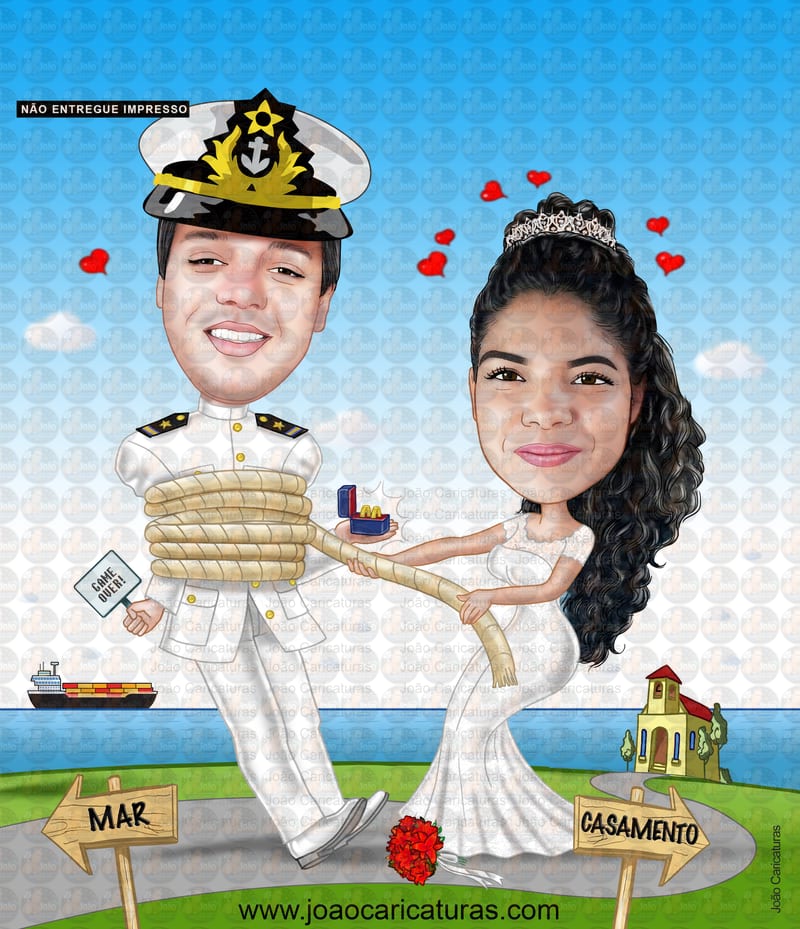 Caricatura, desenho, casamento, matrimônio, marinheiro, navio cargueiro, farda branca, puxando pela corda, noivo amarrado, alianças na mão, noiva brava, vestido de noiva, convite
