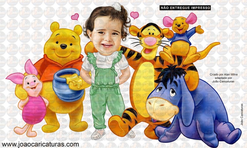 Caricatura menina abraçada a personagens