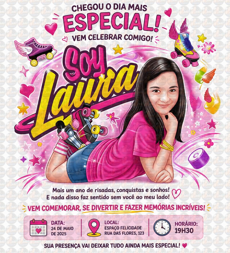 Caricatura  Personalizada  Convite  Aniversário Jovem Menina Patinadora Patins  Antigo Quad Esporte 4 Rodinhas  Skate Roller Botinha 9 10 11 12 13 14 15 16 anos, Soy Luna