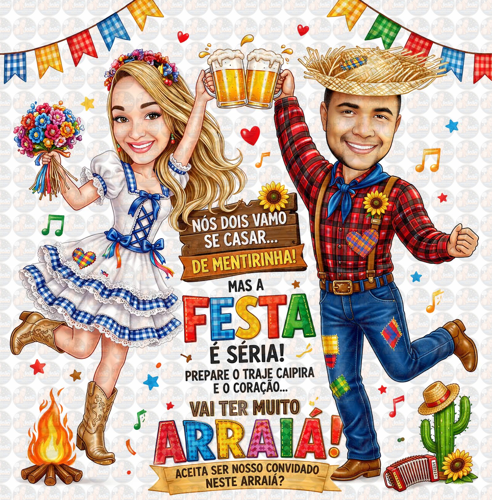 Caricatura Junina Adultos Personalizada | Casal Caipira, Festa Junina, Arraiá e Convite Digital