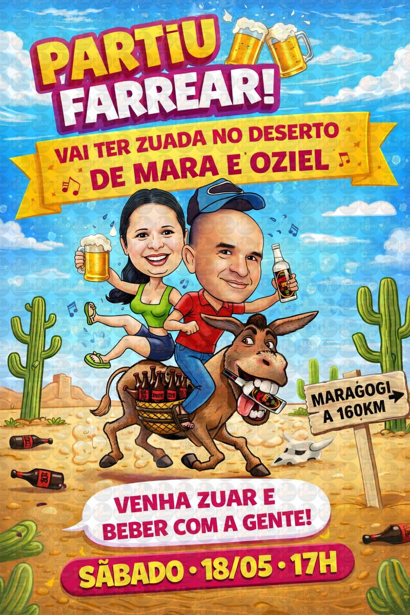 Convite com Caricatura Aniversário Casal no Deserto Engraçado