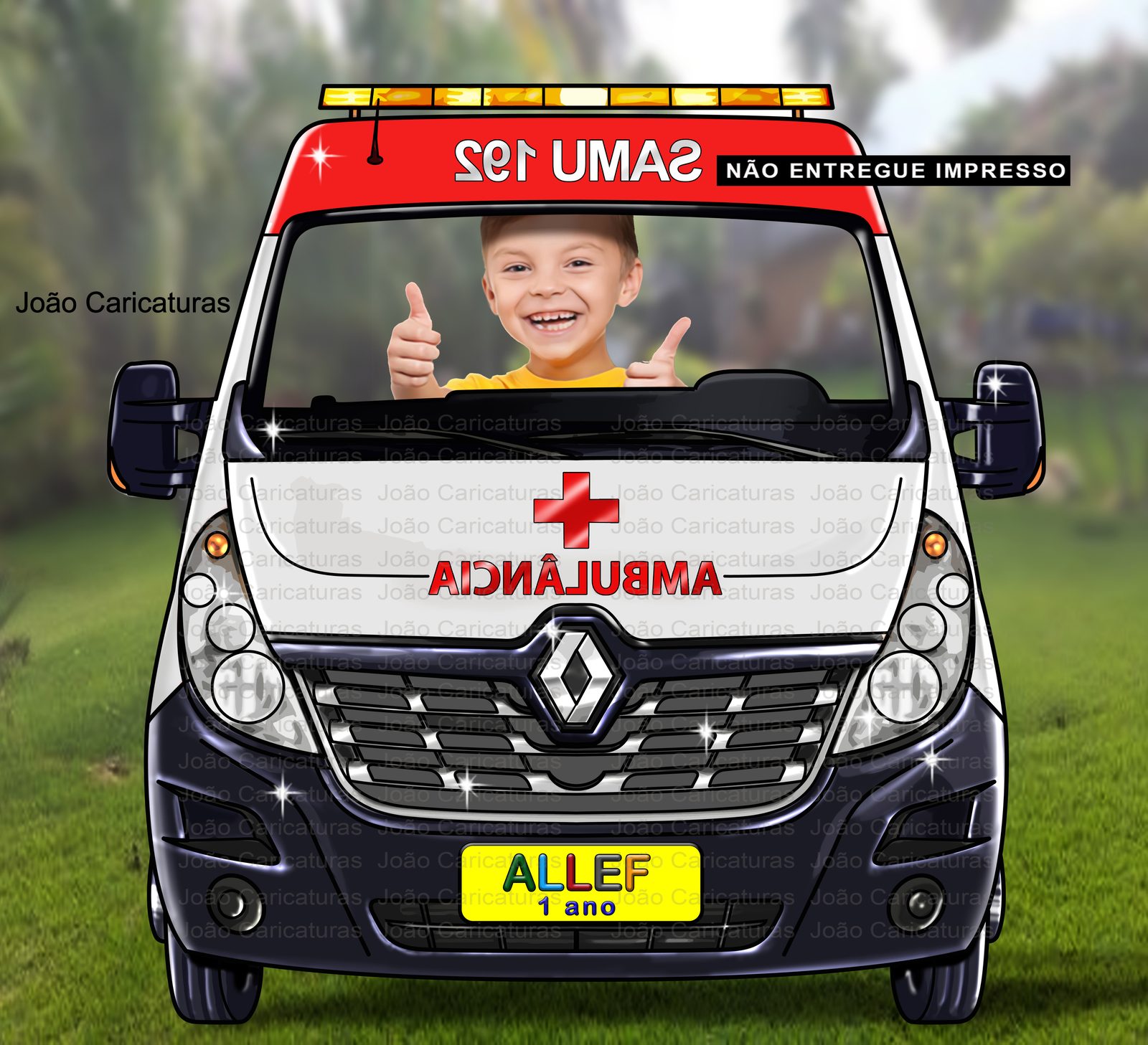 Desenho de um carro SAMU, ambulância, para o cliente imprimir banner grande vazado, e tirar fotos das crianças no volante