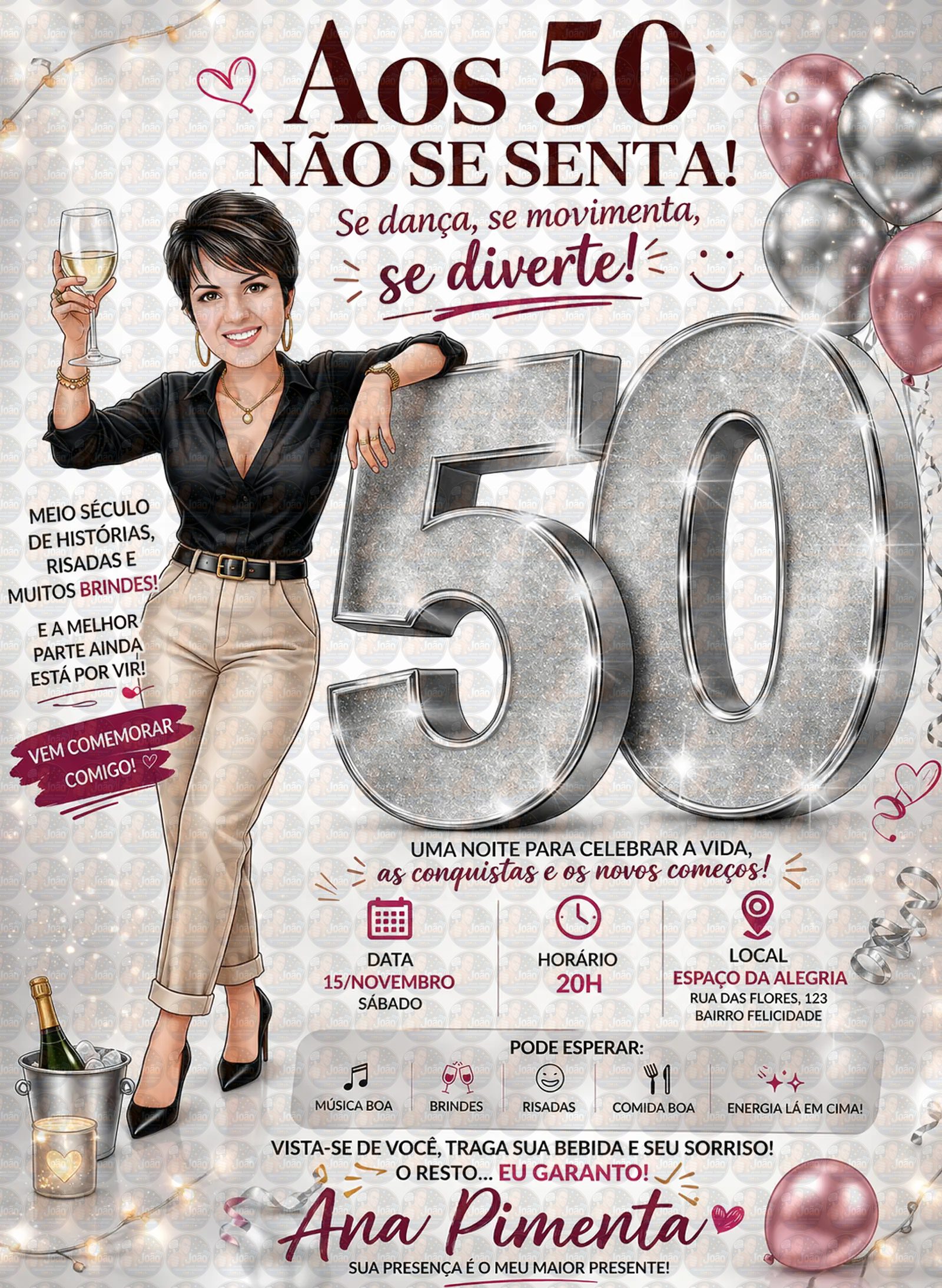 Convite Digital com Caricatura Personalizada Feminina para Aniversário