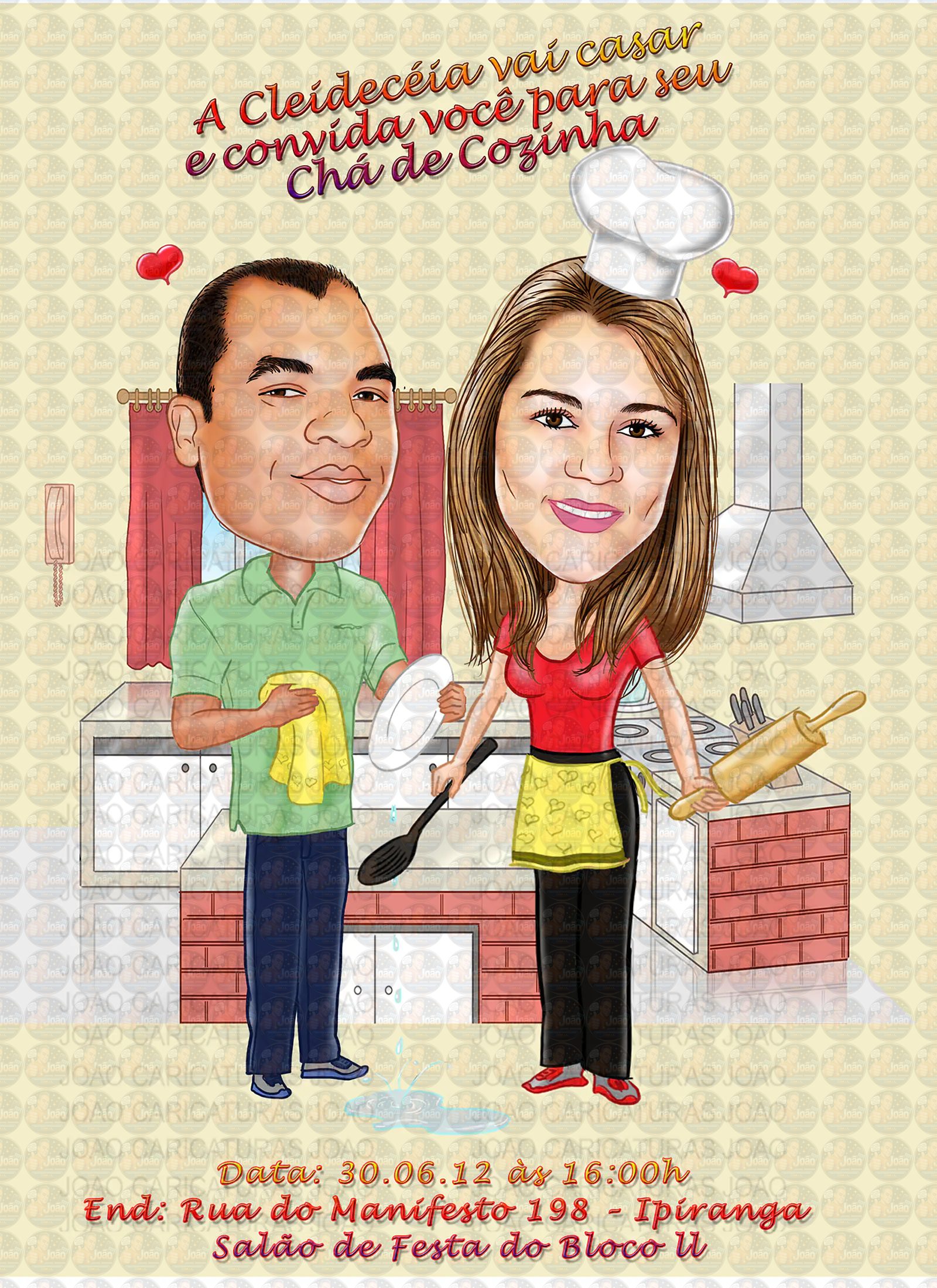 Caricaturas convite festa chá de panela casal dentro da panela comemorando