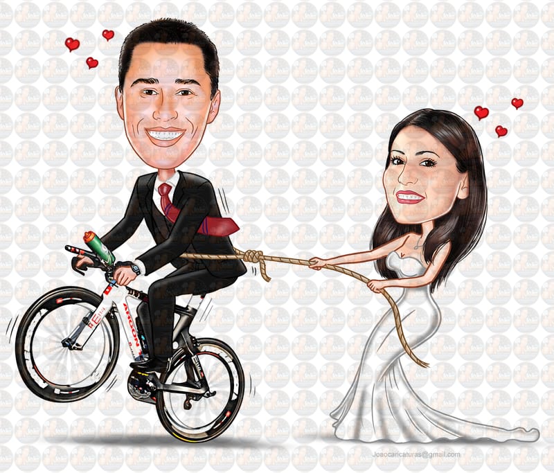 Caricaturas  casamento, casal de noivos, noivo ciclista de terno e amarrado pela cintura numa bike, noiva puxando corda