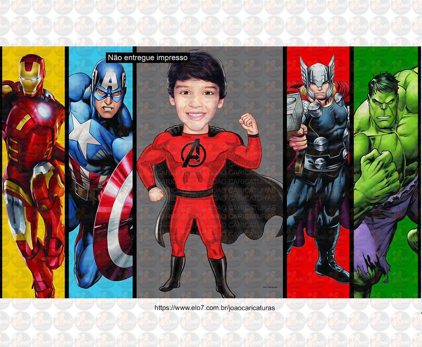Caricatura digital Caricatura Aniversário heróis super menino garoto boy vingadores avenger Capitão América hulk, homem de ferro, hopmem aranha, thor