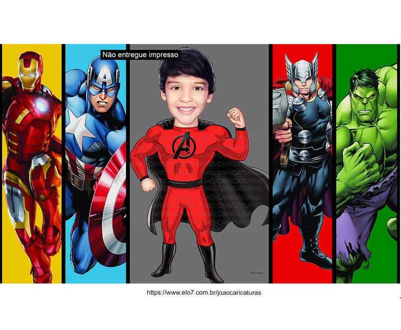 Caricatura digital Caricatura Aniversário heróis super menino garoto boy vingadores avenger Capitão América hulk, homem de ferro, hopmem aranha, thor