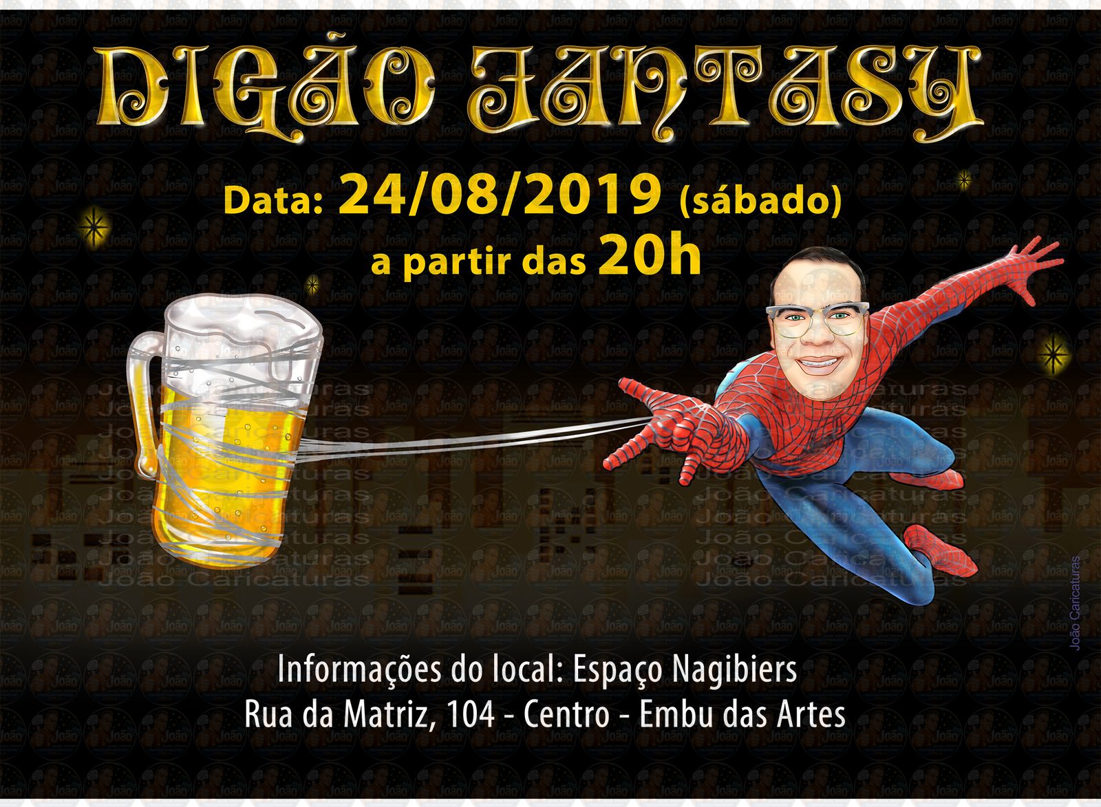 Caricatura homem aniversariante no convite para festa a fantasia, fantasiado de homem aranha segurando caneca cerveja
