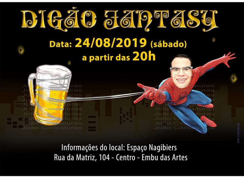 Caricatura  homem aniversariante no convite para festa a fantasia, fantasiado de homem aranha segurando caneca cerveja