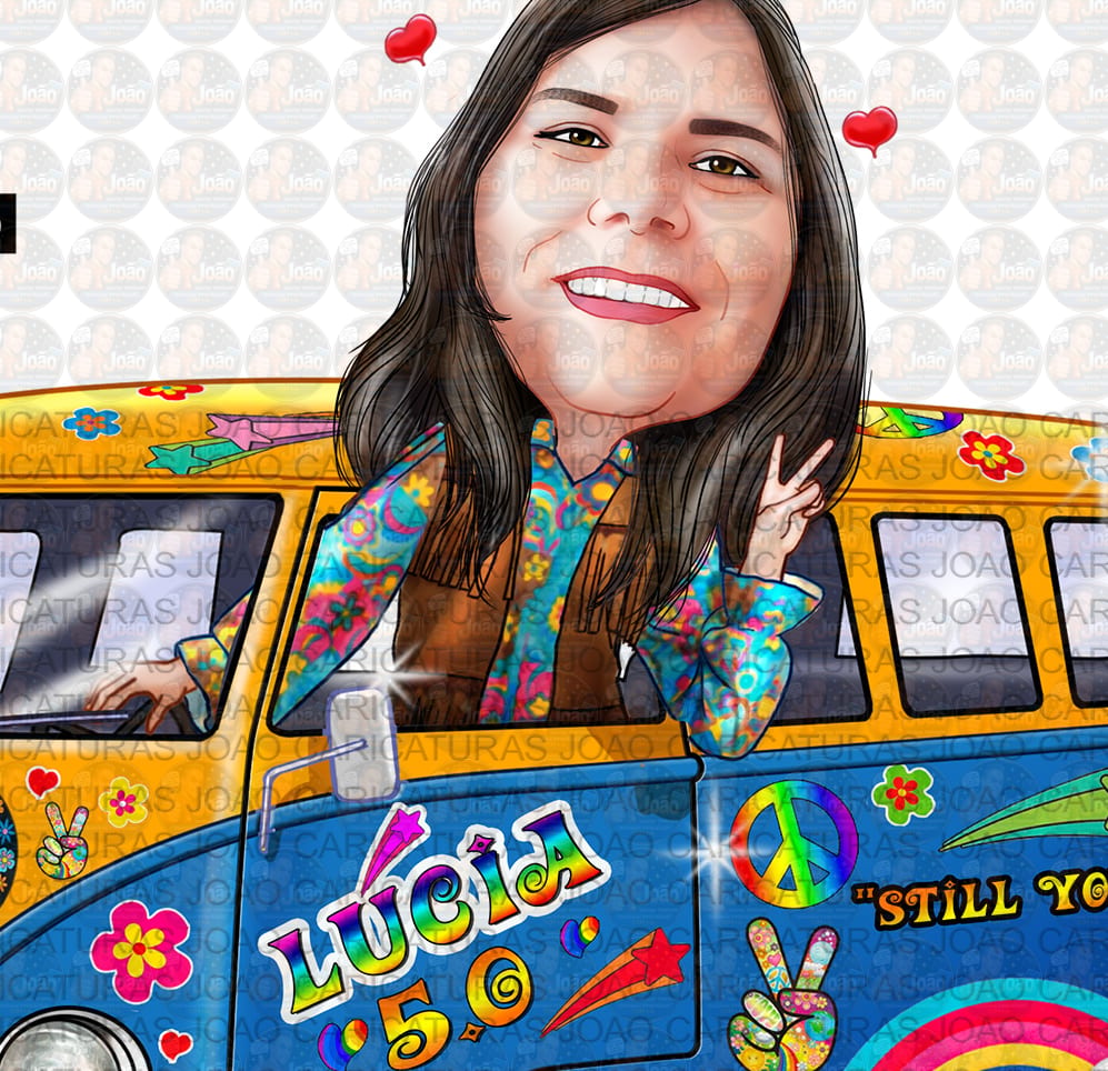 Caricatura aniversário mulher mãe, tia, irmã senhora, dirigindo kombi, hippie, 1960 e 1970, paz e amor, psicodélico, antiga, perua