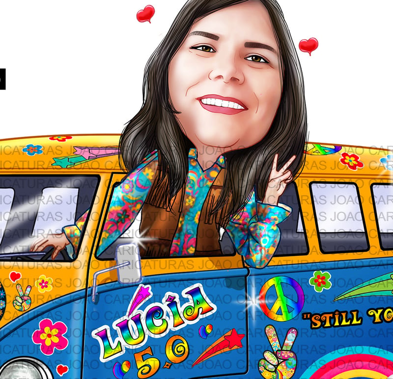 Caricatura aniversário mulher mãe, tia, irmã senhora, dirigindo kombi, hippie, 1960 e 1970, paz e amor, psicodélico, antiga, perua
