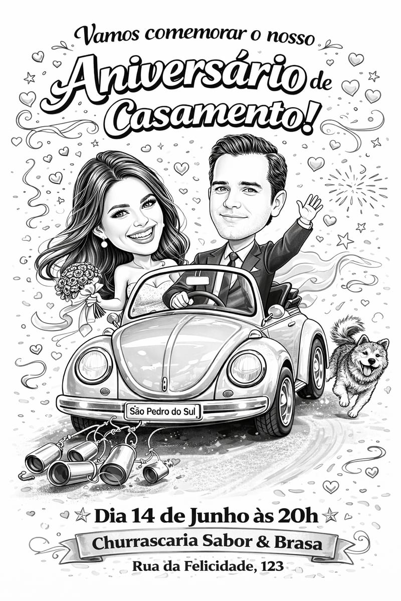 Caricatura de Casamento com Carro – Noivos Dirigindo Personalizada