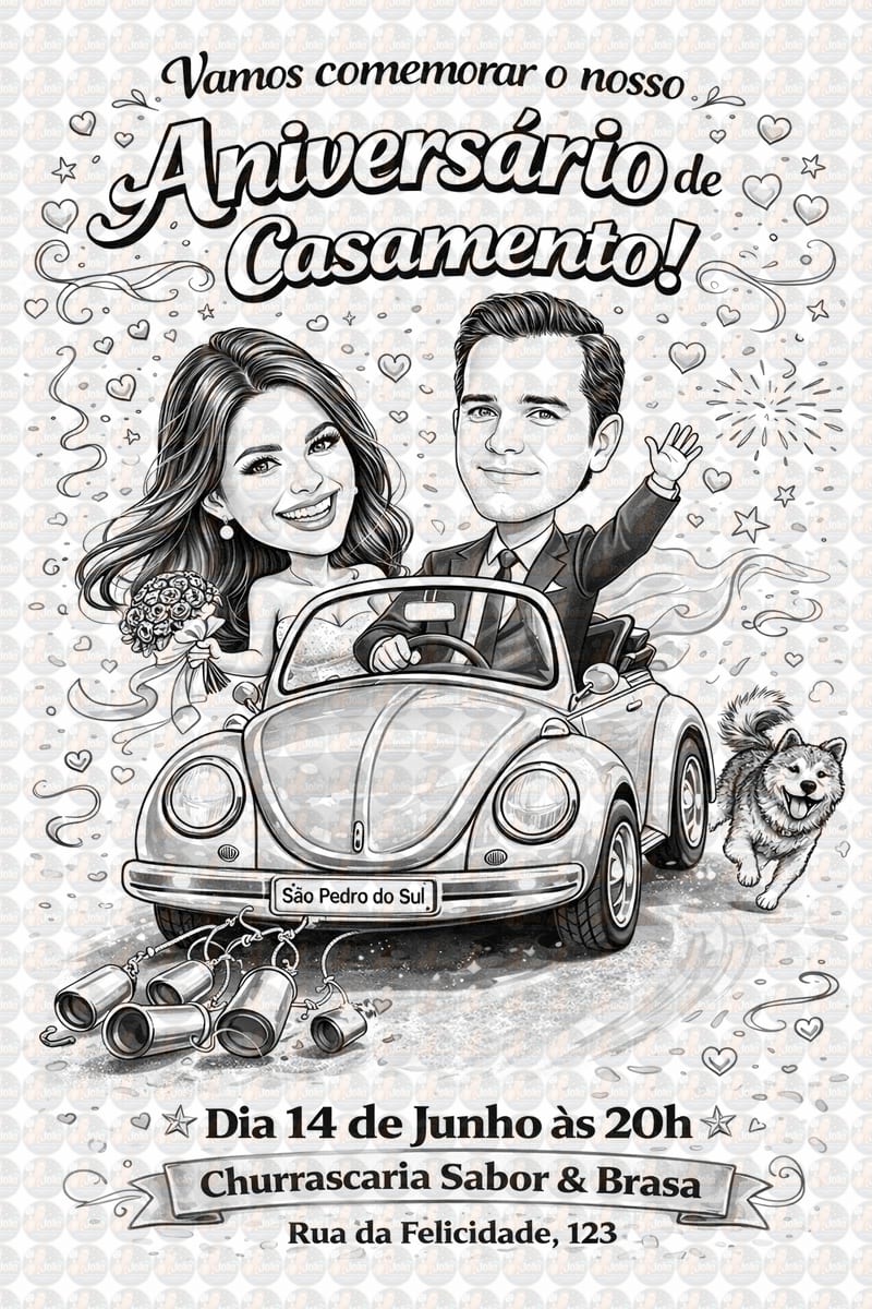 Caricatura de Casamento com Carro – Noivos Dirigindo Personalizada