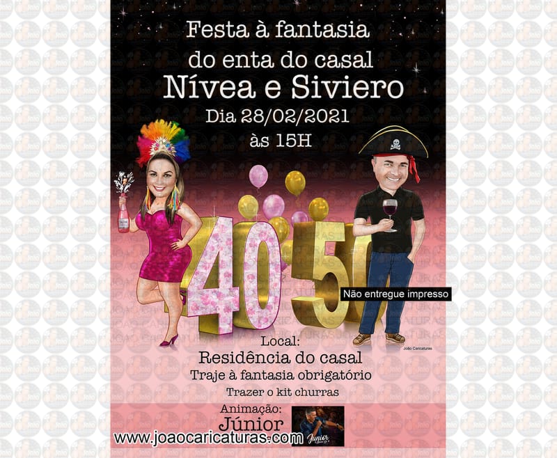 Caricatura convite aniversário duplo casal apaixonado bodas boteco festa fantasia pirata convite digital 30 40 50 60 anos desenho realista idêntico champanhe rose balões samba música ao vivo