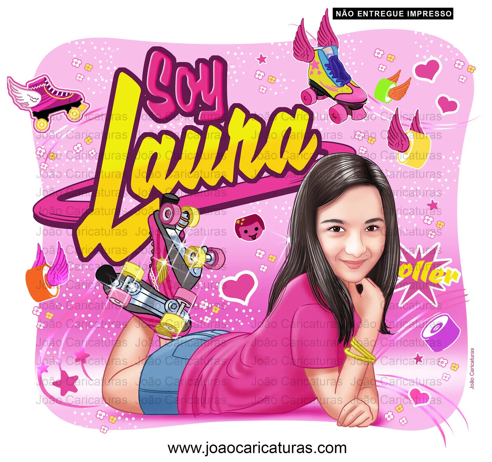 Caricatura Personalizada Convite Aniversário Jovem Menina Patinadora Patins Antigo Quad Esporte 4 Rodinhas Skate Roller Botinha 9 10 11 12 13 14 15 16 anos, Soy Luna