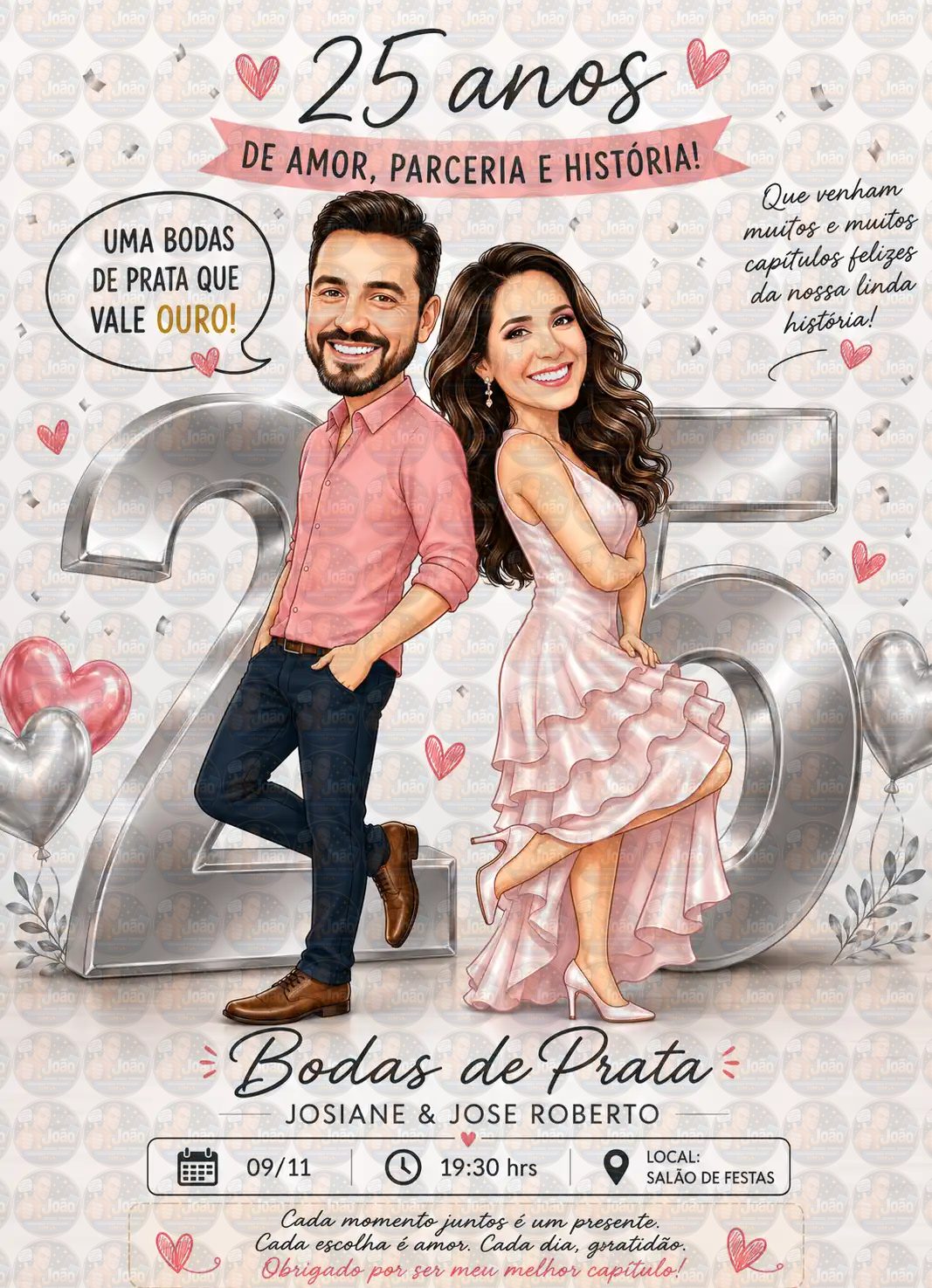 Caricatura de Bodas Personalizada – 10, 20, 25, 30, 40, 50 e 60 Anos de Casamento