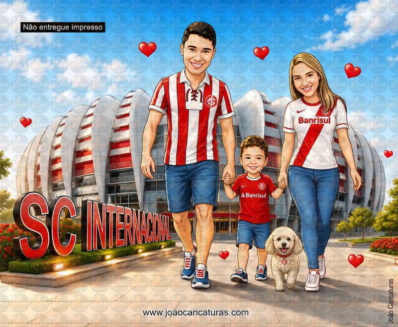 Caricatura Personalizada de Família Torcedora no Estádio (Preço por Pessoa)